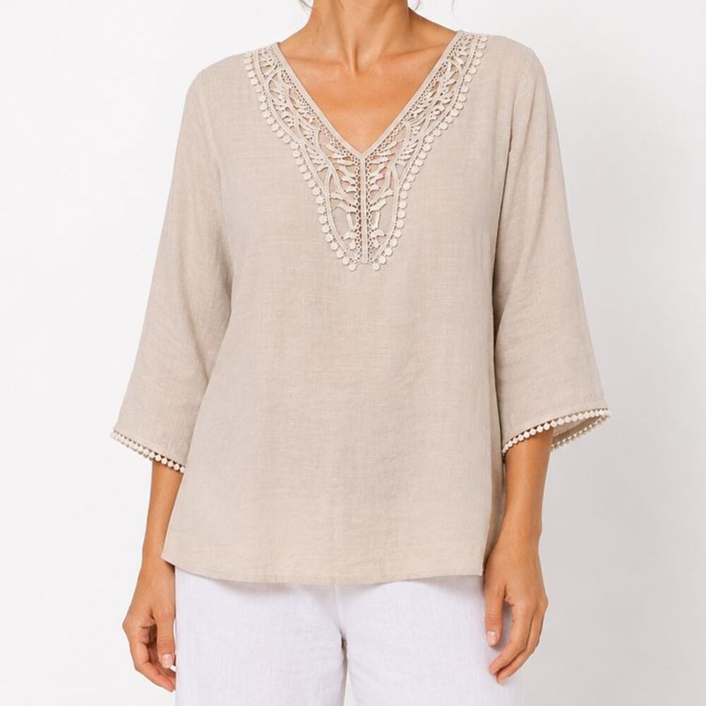Counterparts Linen Look Blouse Womens Large Beige Crochet Lace V Neck Boho Tunic
